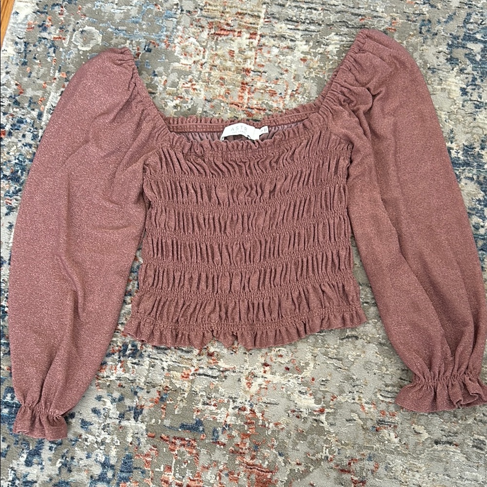 ASTR The Label Metallic Mauve Smocked Top